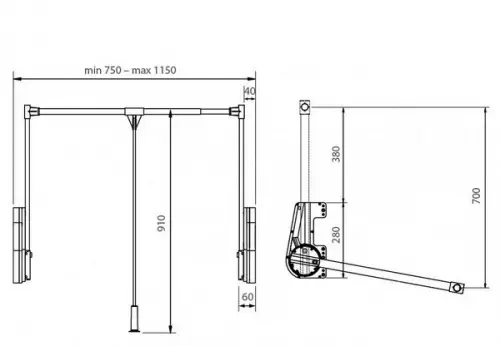 Пантографы пантограф для шкафа (лифт мебельный) vibo 750-1150 мм, серый